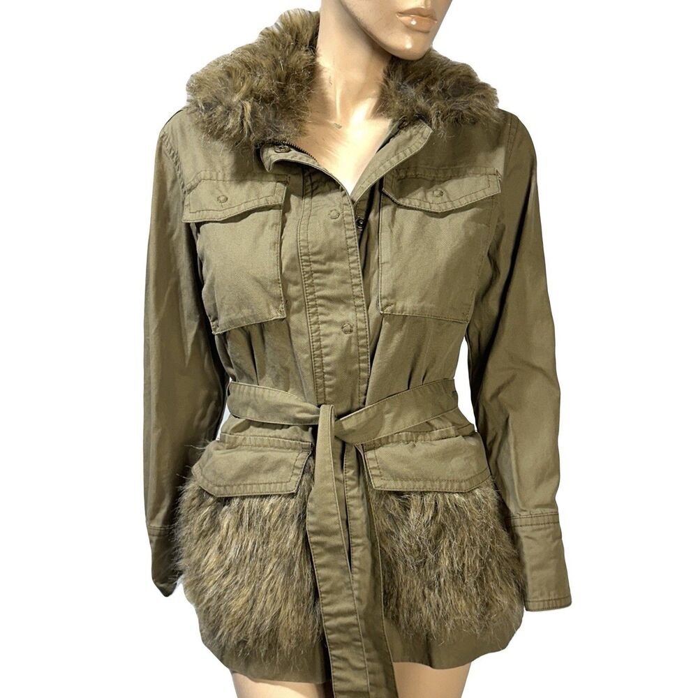Anthropologie Jacket Saskia Olive Faux Fur Trim Utility Field Parka Military XS
